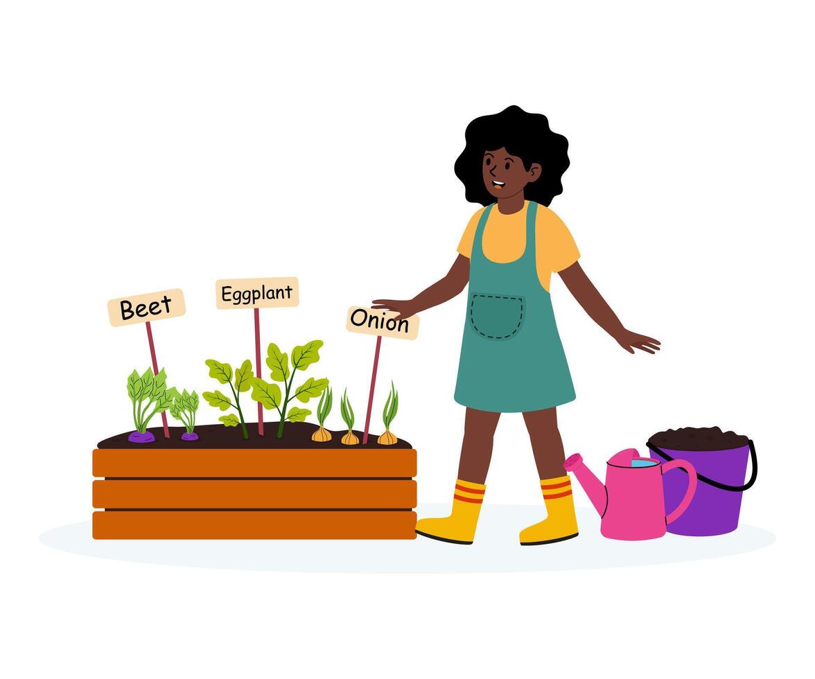 Young gardener tending to vegetable garden with beet, eggplant, and onion plants vector