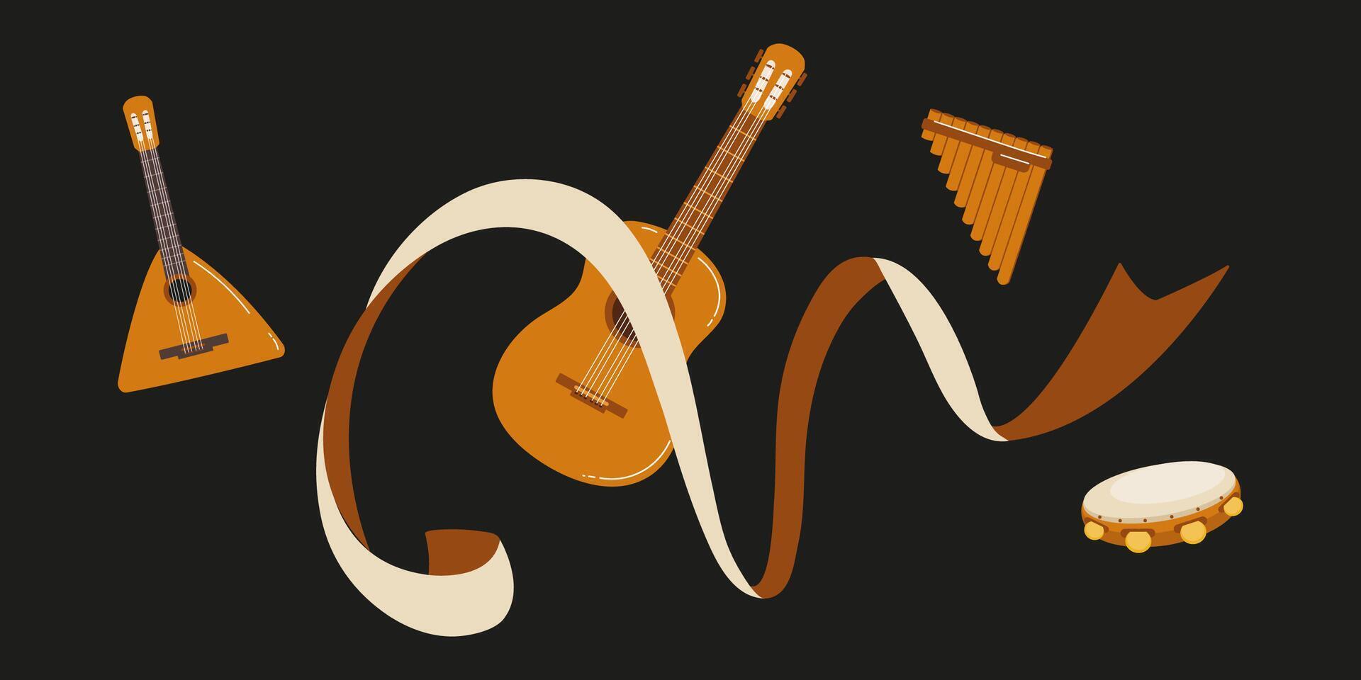 Traditional musical instruments floating in creative arrangement on dark background vector
