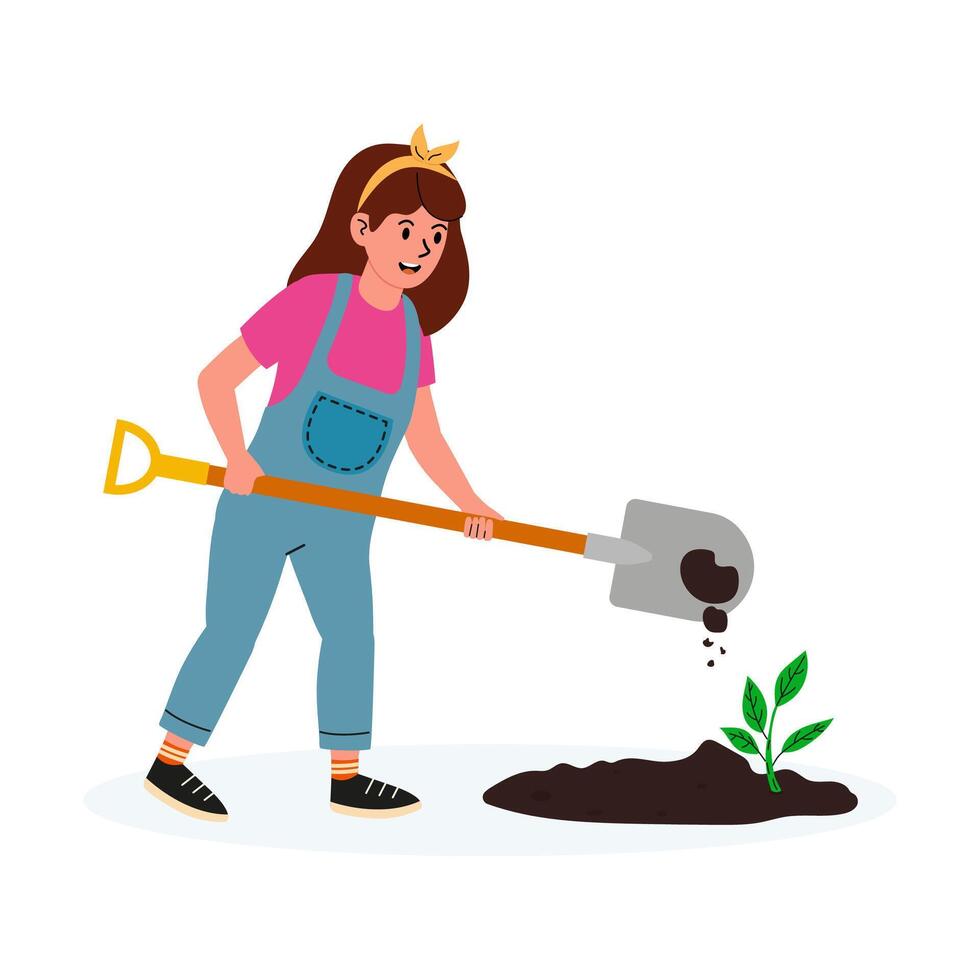 Planting a seedling in the garden with a shovel on a sunny day vector
