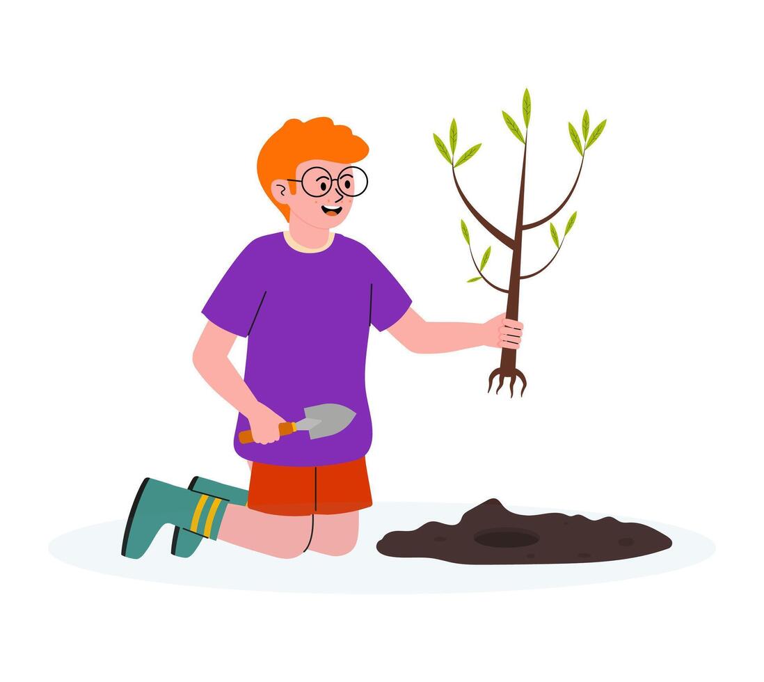 Young child plants a tree in the garden during a sunny afternoon vector