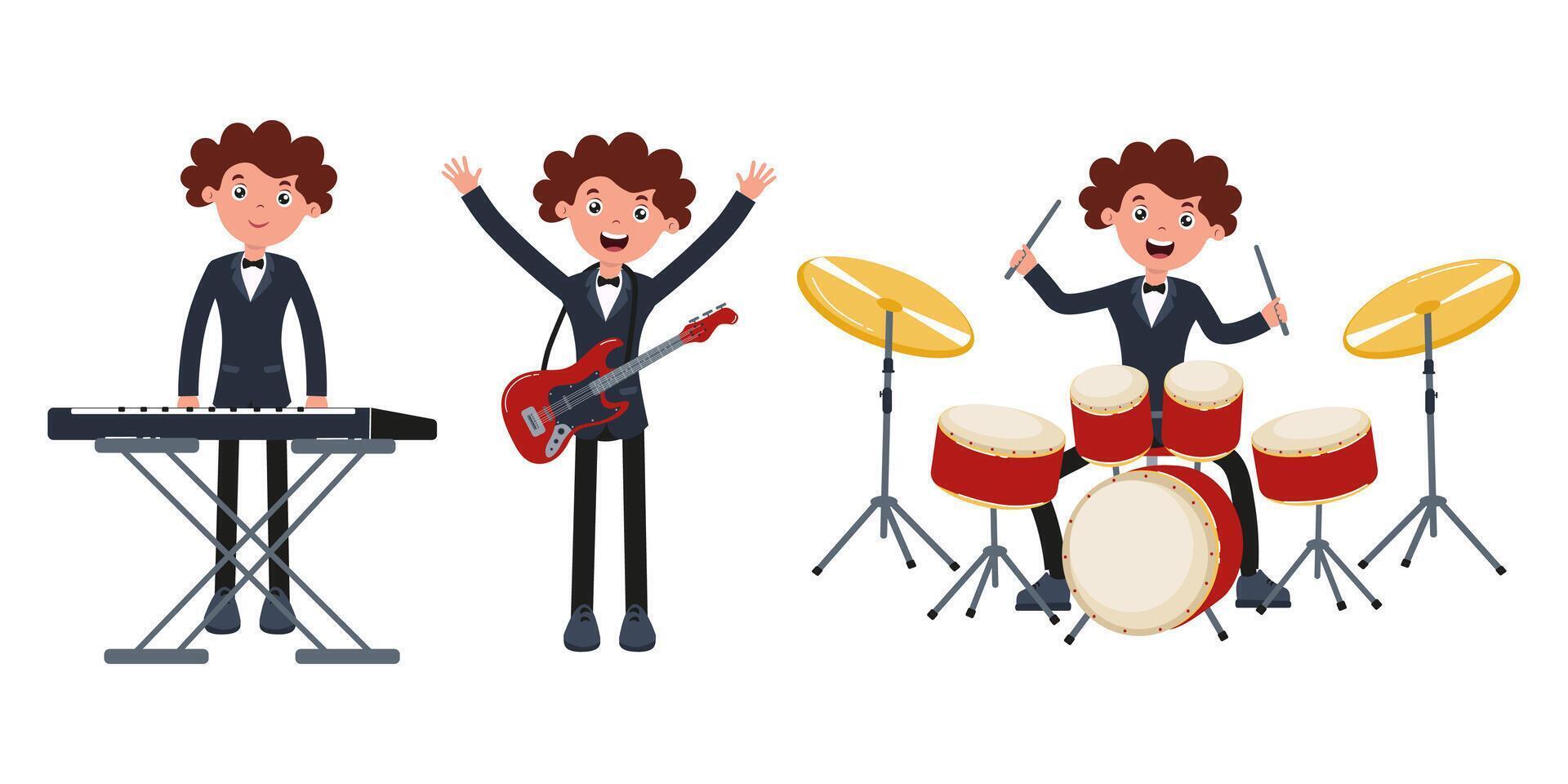 Musical trio featuring young musicians with keyboard, guitar, and drums in cheerful performance vector