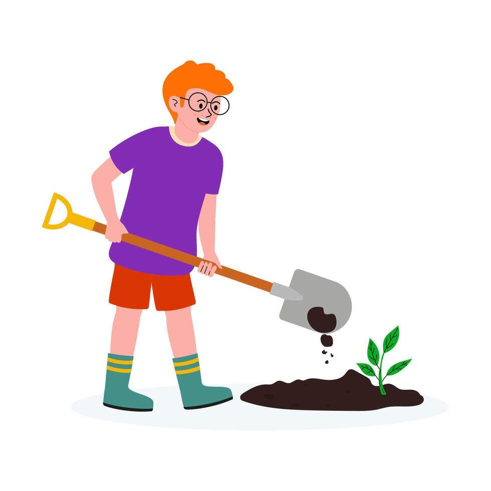 Young boy happily planting a small tree in the garden during a sunny day vector