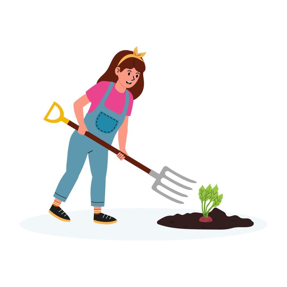 Child planting vegetables in garden with fork during sunny day vector