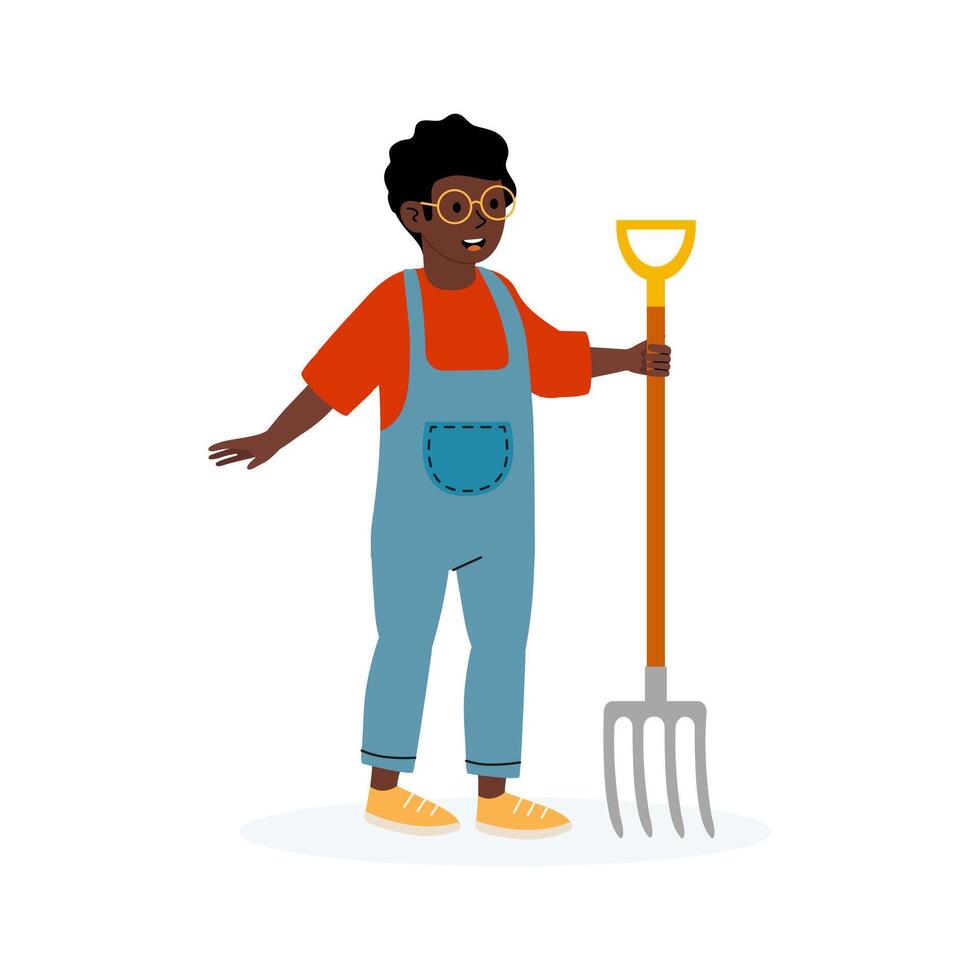 Young child smiles while holding a garden fork in playful farm outfit vector
