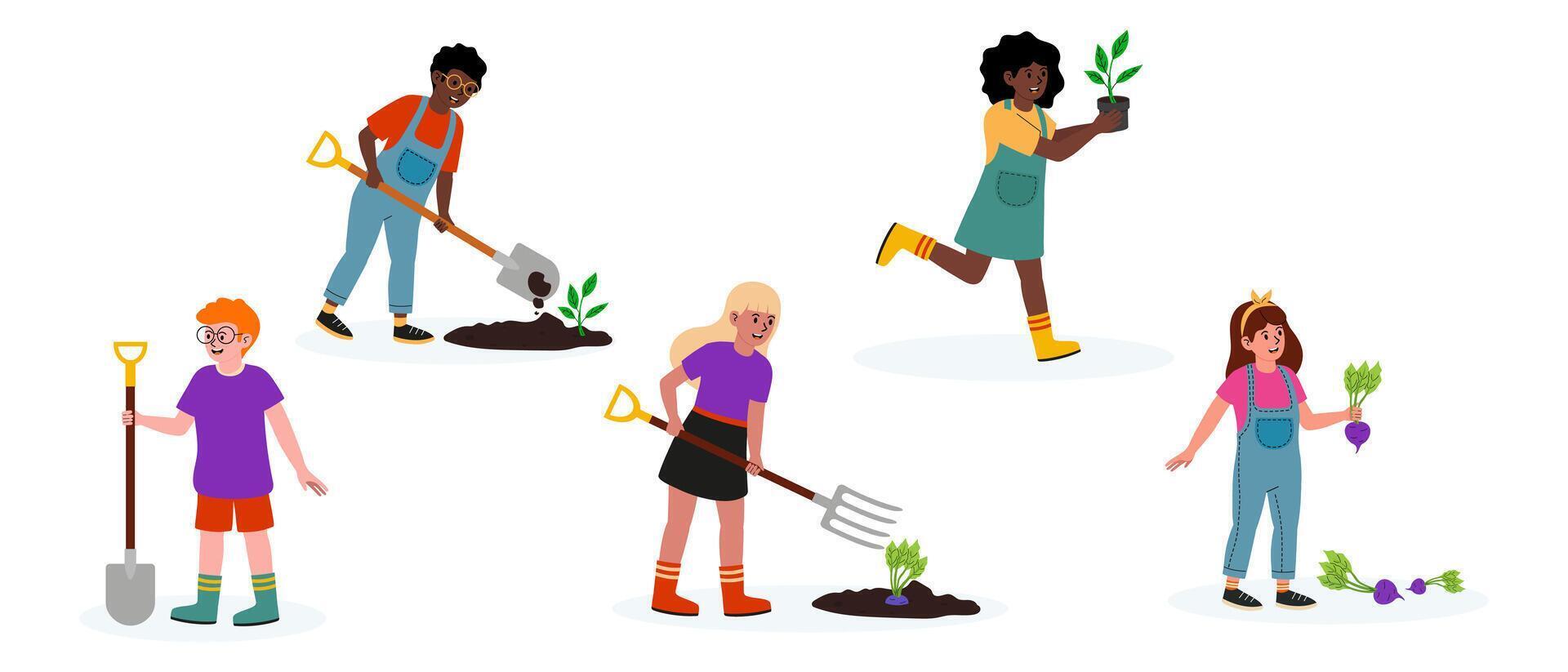 Children engaged in gardening activities with plants and soil in a bright, cheerful setting vector