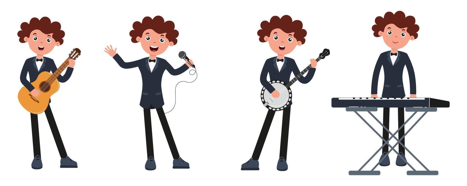 Young musician performing with various instruments in a playful and colorful style vector