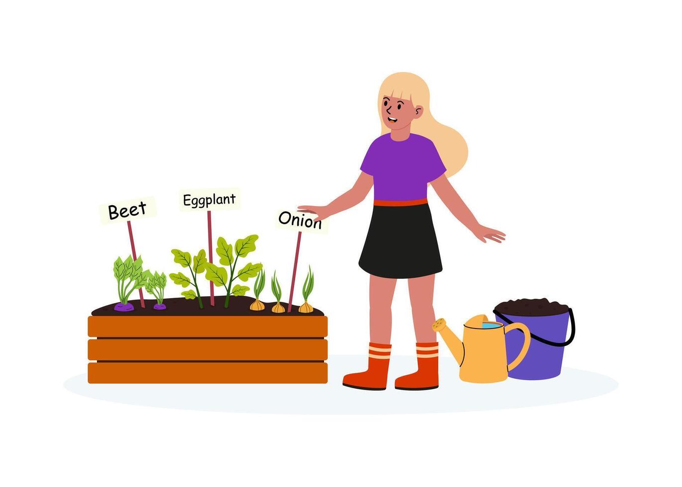 Girl gardening with vegetables in a home garden during sunny weather vector