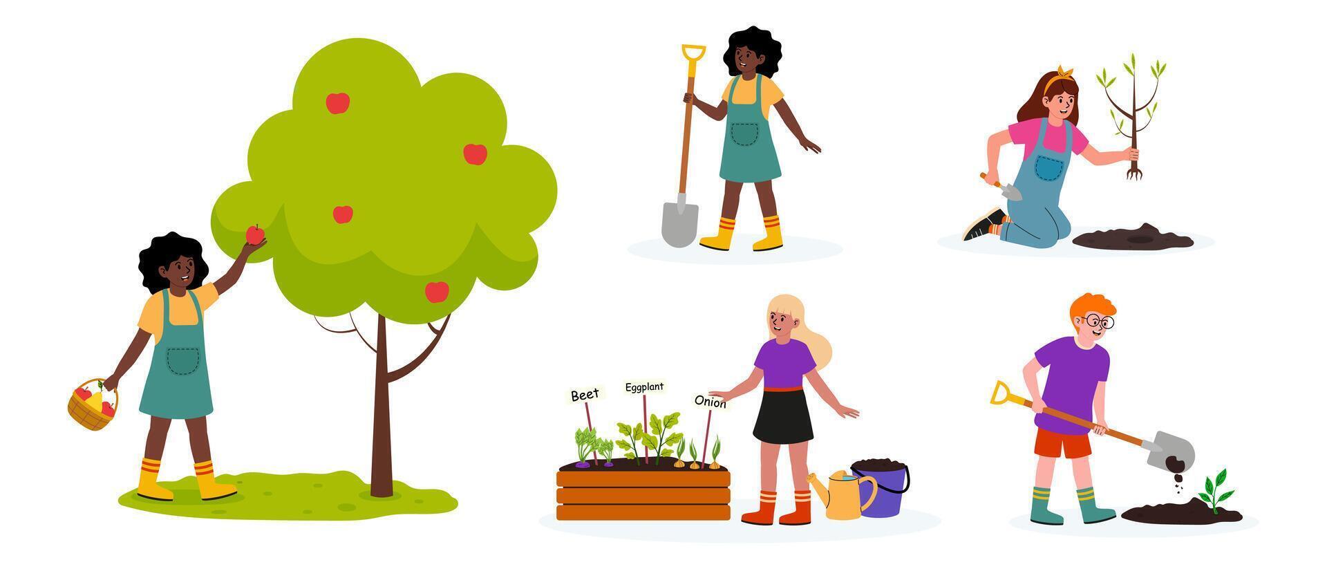 Community garden with diverse individuals planting and harvesting together vector