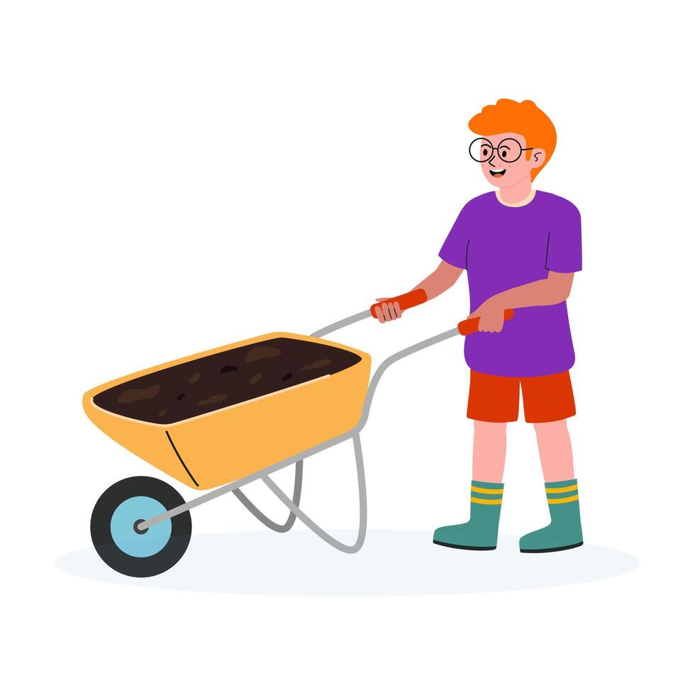Young boy using a wheelbarrow to transport soil in a garden setting during daylight vector