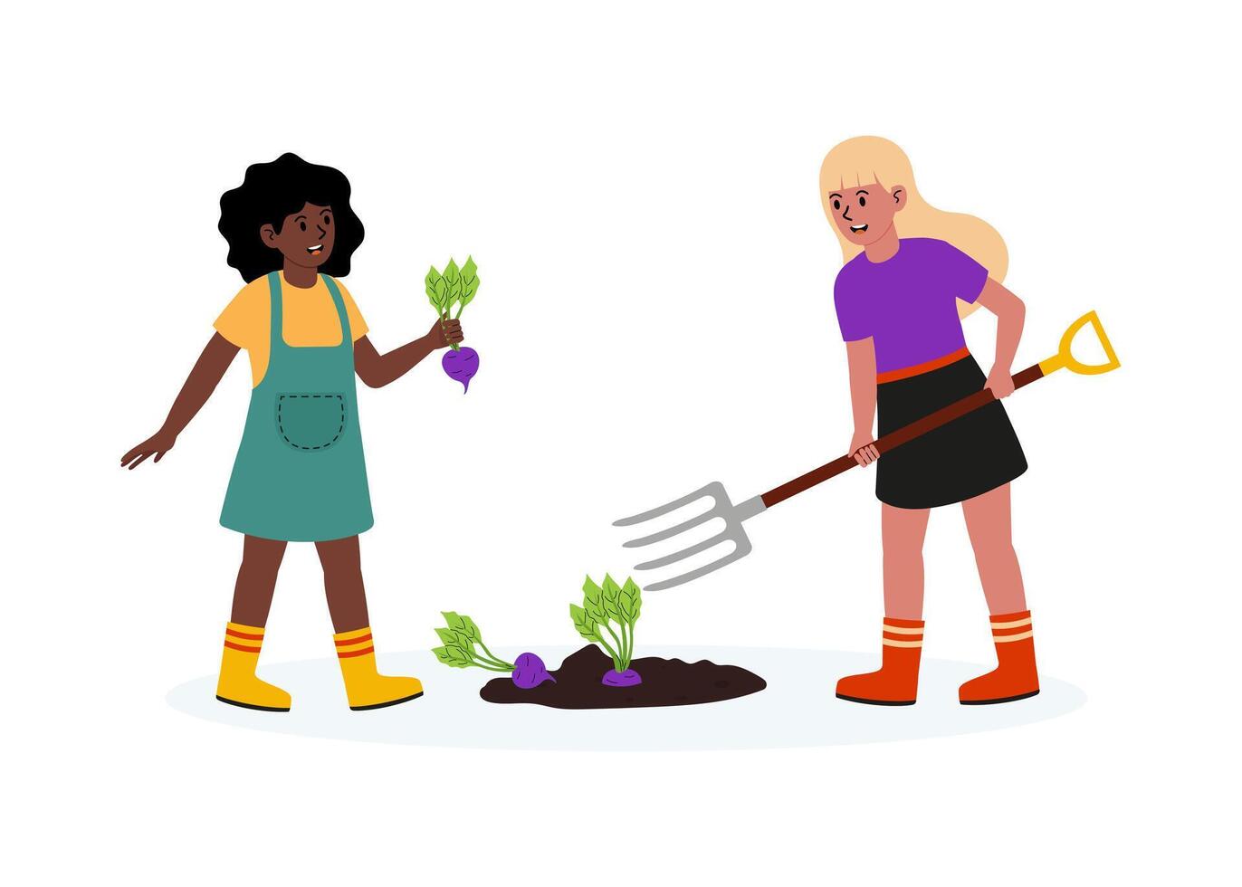 Children harvesting vegetables together in a garden on a sunny day in the summer vector