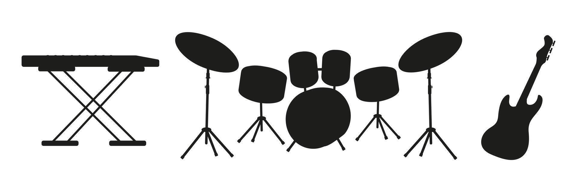 Musical instruments in silhouette showing a keyboard, drums, and guitar setup vector