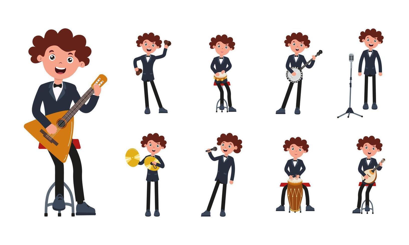 Musicians performing a variety of musical activities in stylish outfits during a lively event vector