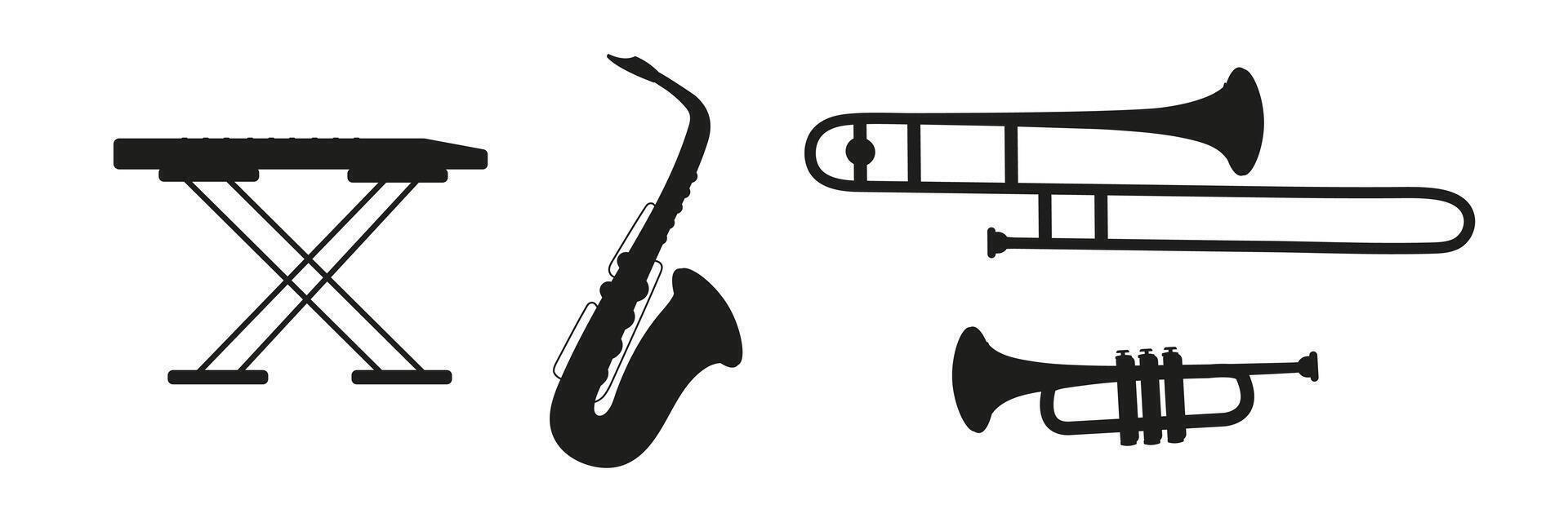 Musical instruments including keyboard, saxophone, trombone, and trumpet displayed together vector