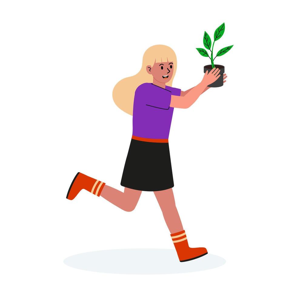 Girl excitedly running with a potted plant in a bright, cheerful setting outdoors vector