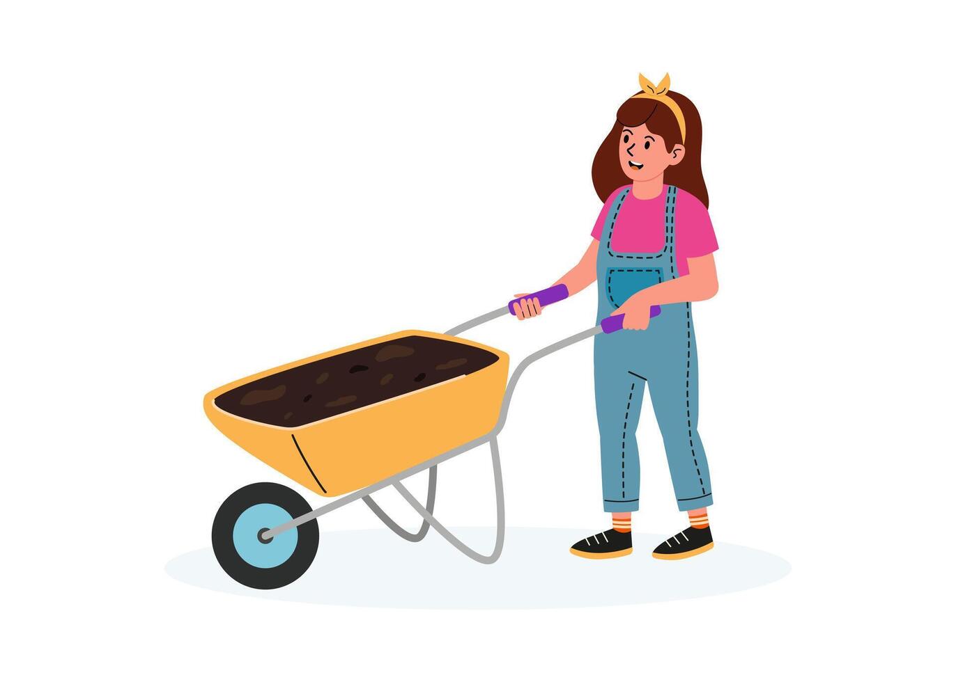Child gardening with a wheelbarrow filled with soil in a playful setting vector
