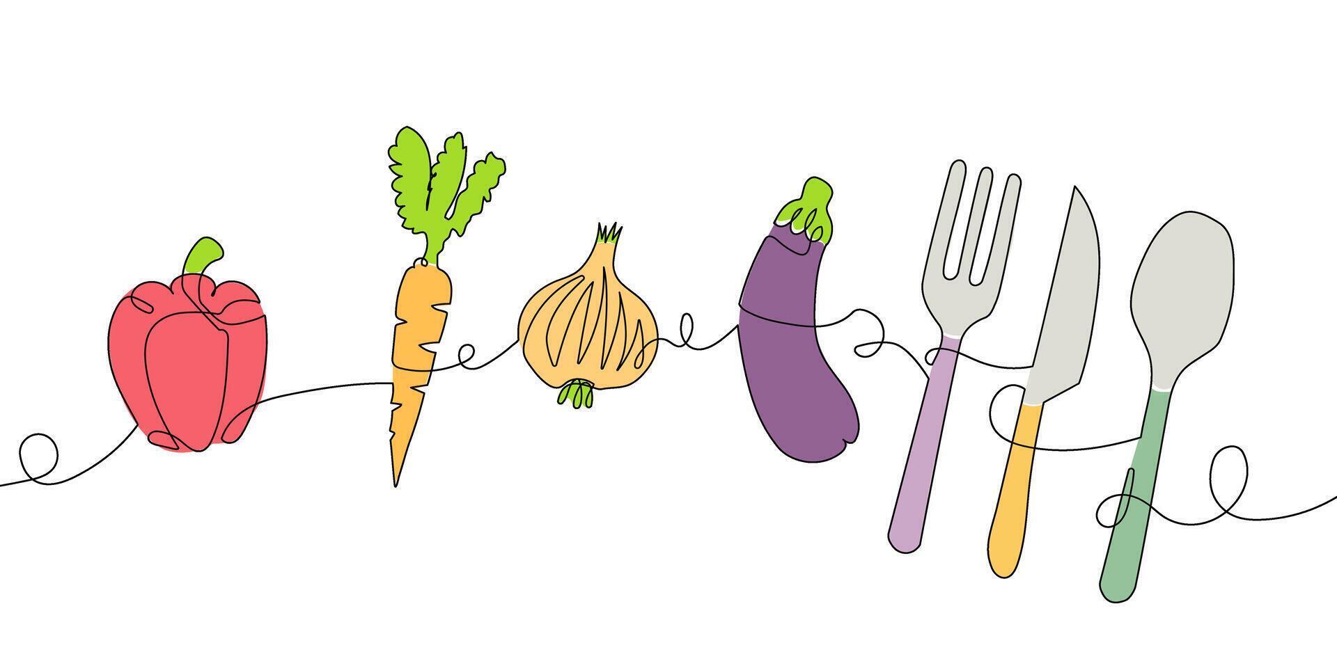 Minimalist Continuous Line Drawing of Vegetables and Cutlery vector