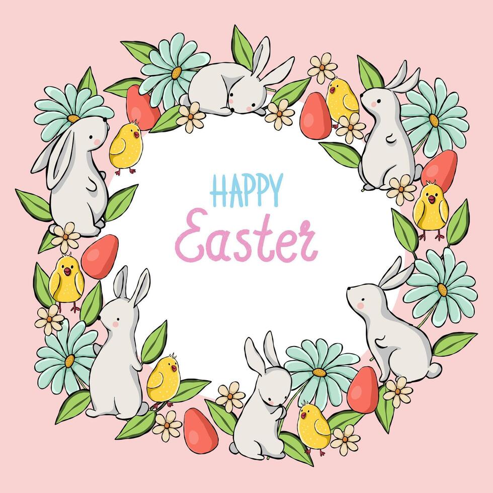 Easter composition of bunnies, chick and eggs vector