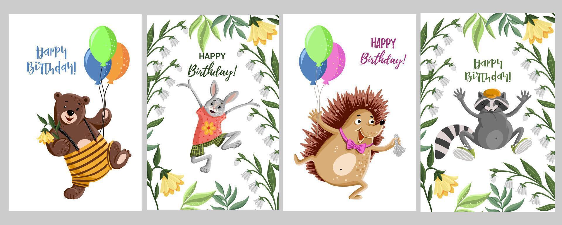 Set of cards with cute cartoon animals vector
