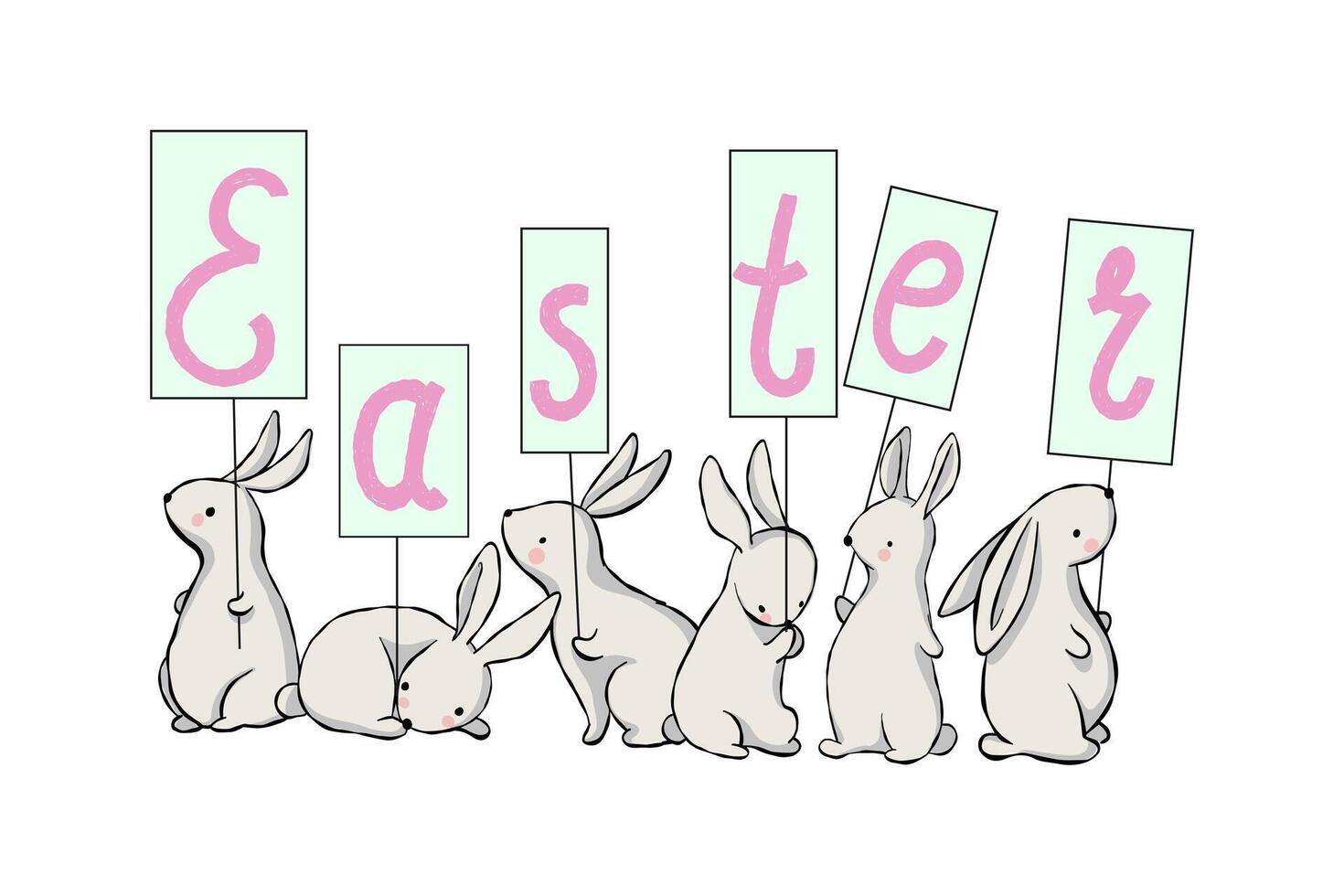 Cute bunnies hold posters with the letters Easter vector