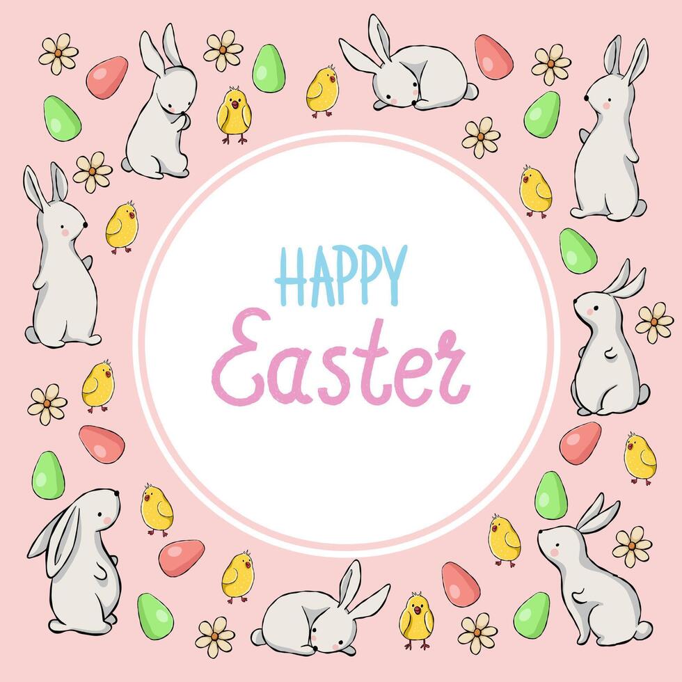 Cute Easter postcard with bunnies and chicks vector