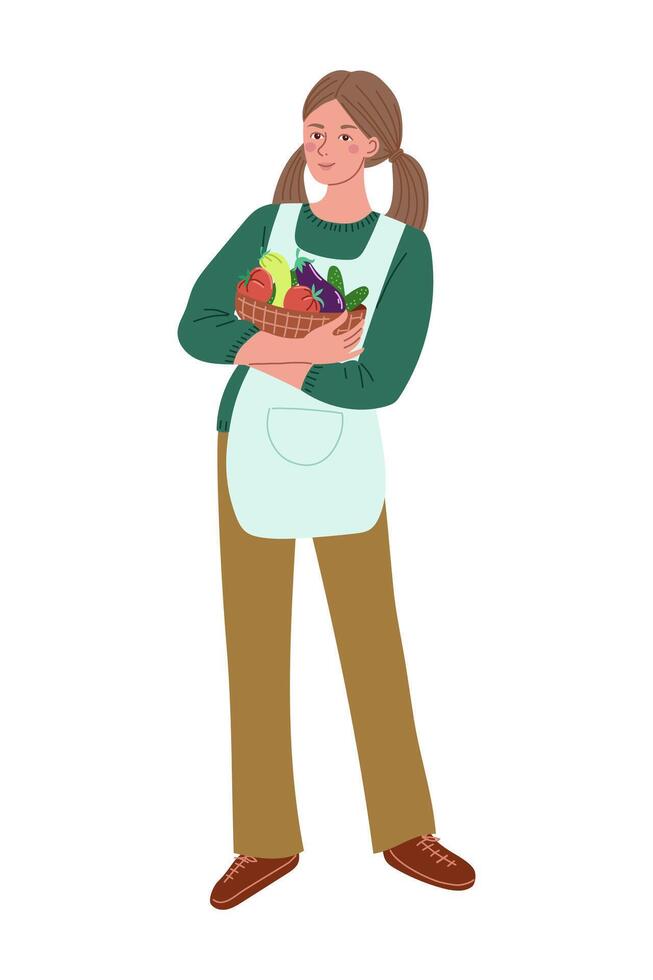 Girl with a basket of vegetables vector