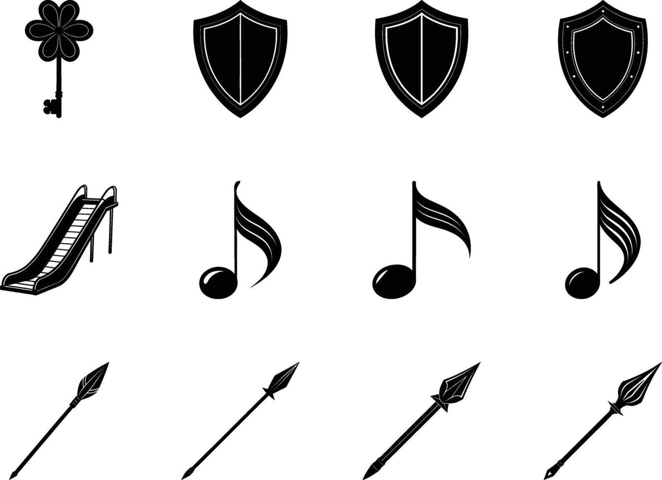 Elegant Black Icon Set Keys, Shields, Music Notes, Slides, Spears vector