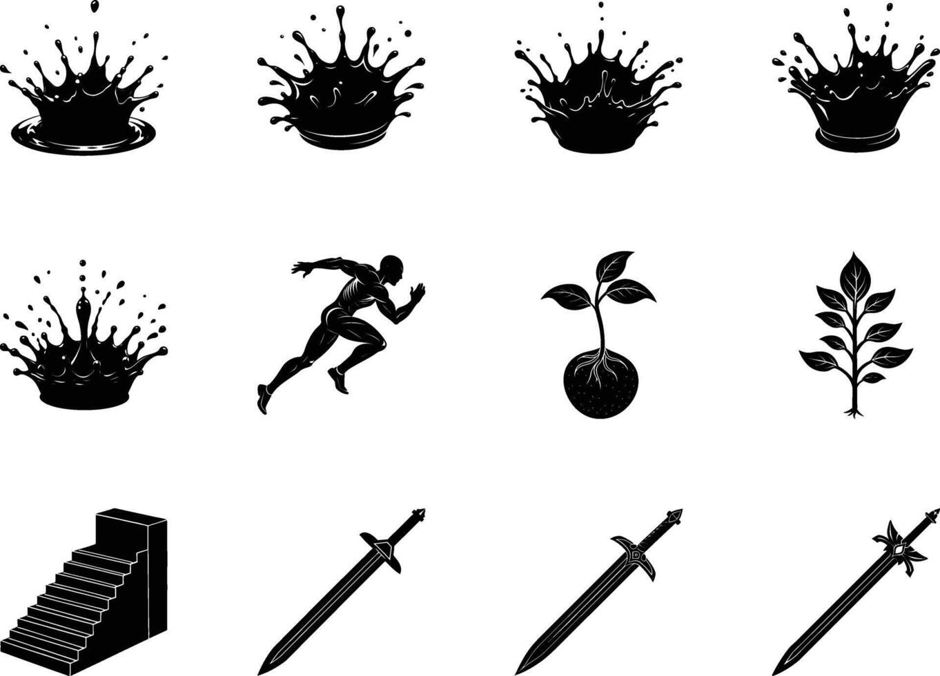 Powerful Black and White Icons Sprinkler, Runner, Plant, Sword vector