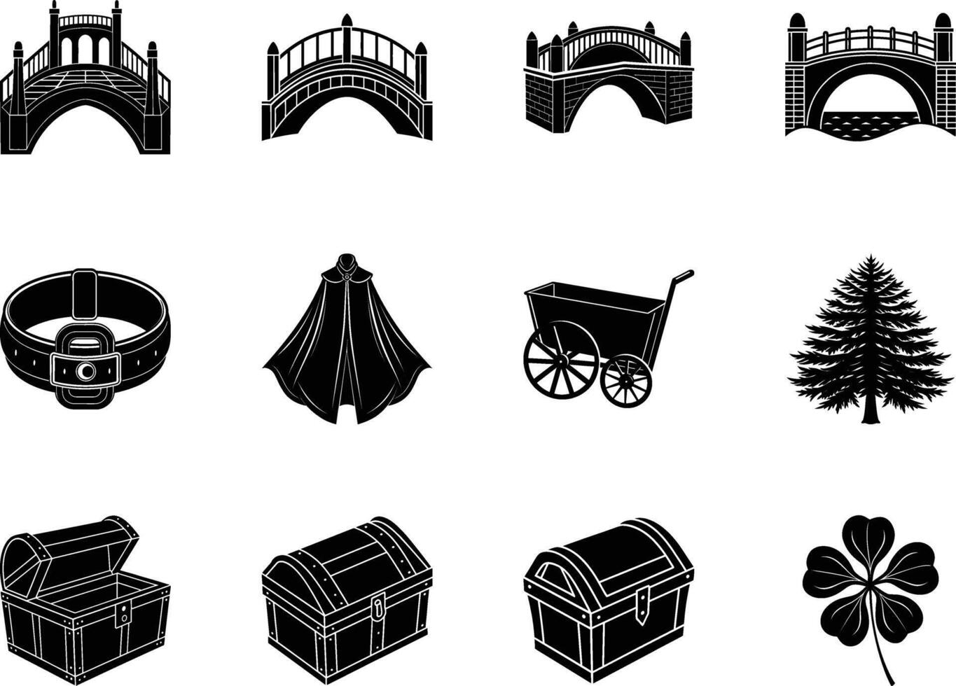 Black and White Icon Set Bridges, Belt, Cloak, Cart, Tree, Chests, Clover vector