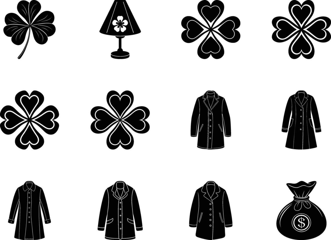 Stylish Black and White Icons Clovers, Lamps, Coats, and Money Bag vector