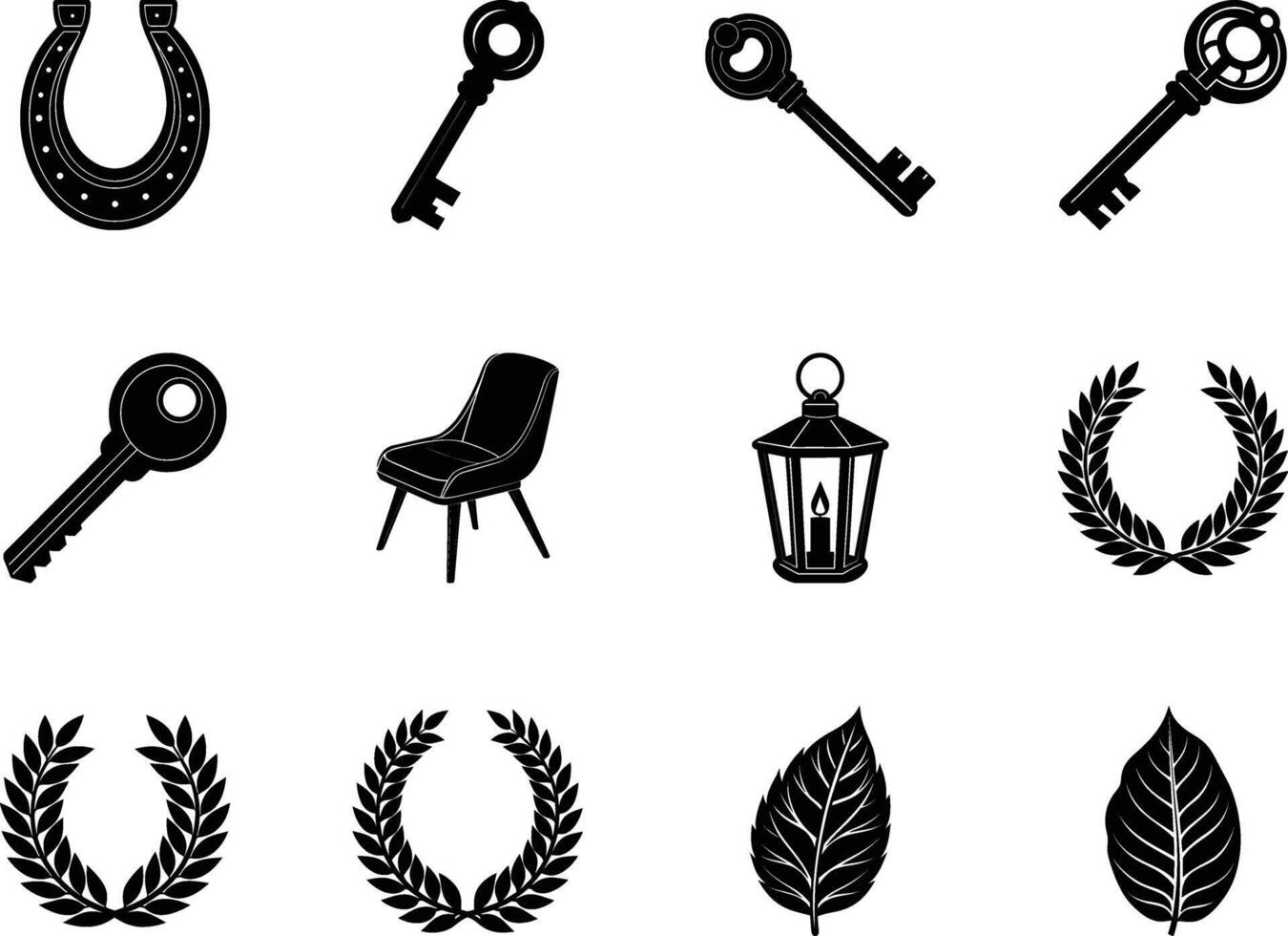 Elegant Black and White Icons Keys, Laurel Wreaths, Horseshoe, Chair, Lantern vector