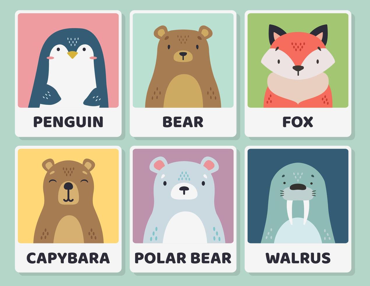 Set of animal portraits. Educational cards for children. Simple illustrations vector