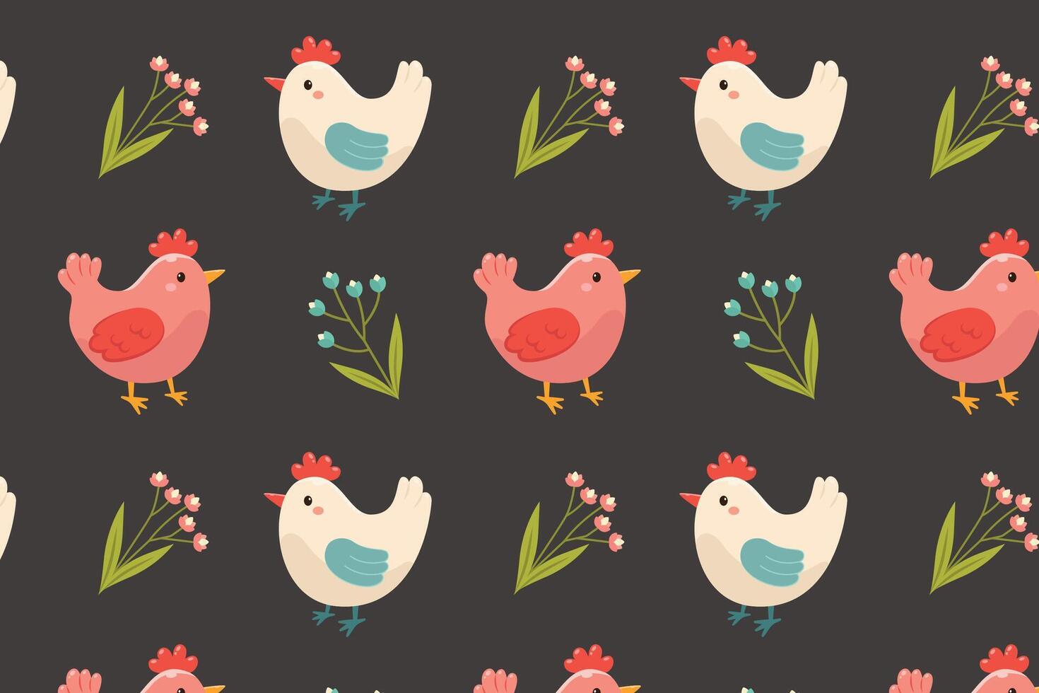 A pattern of chickens and flowers. illustration in flat style. vector