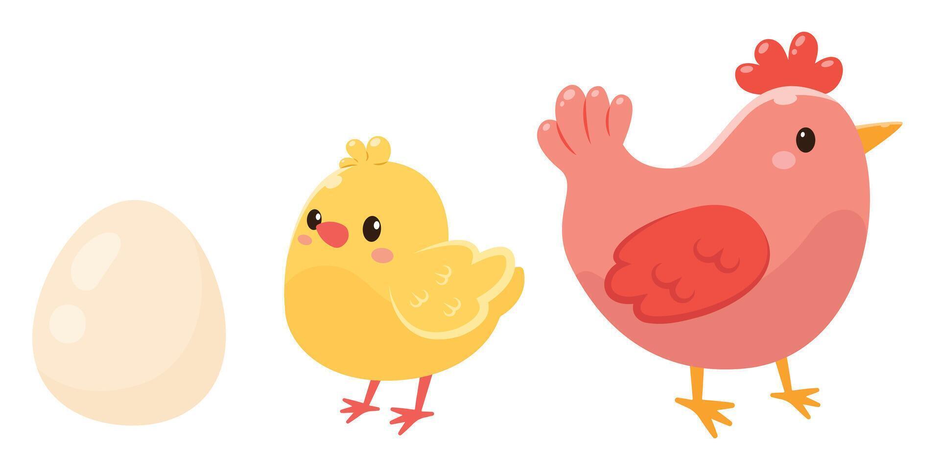 Egg, chicken and adult chicken. illustration in flat style. vector