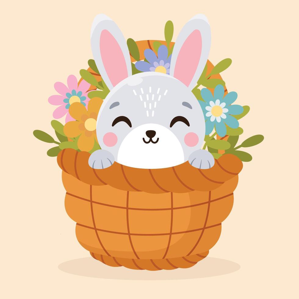 Cute hare in a basket with flowers. illustration in flat style. vector