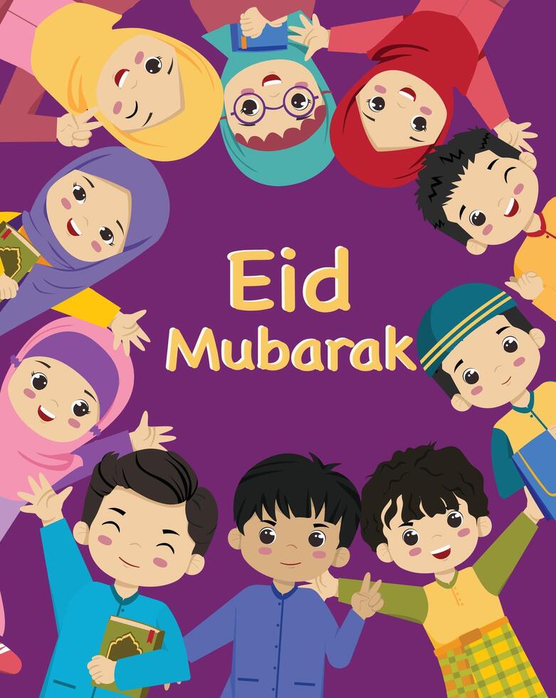 Eid Mubarak Celebration All kids kindergarten school Flat Design Eid Mubarak Celebration vector