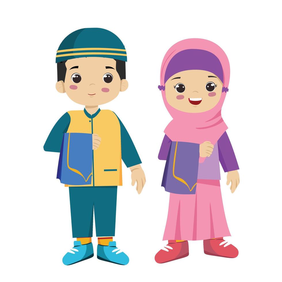 Muslim Kids Umar and Fairuz Holding sajada for shalat Prayer vector