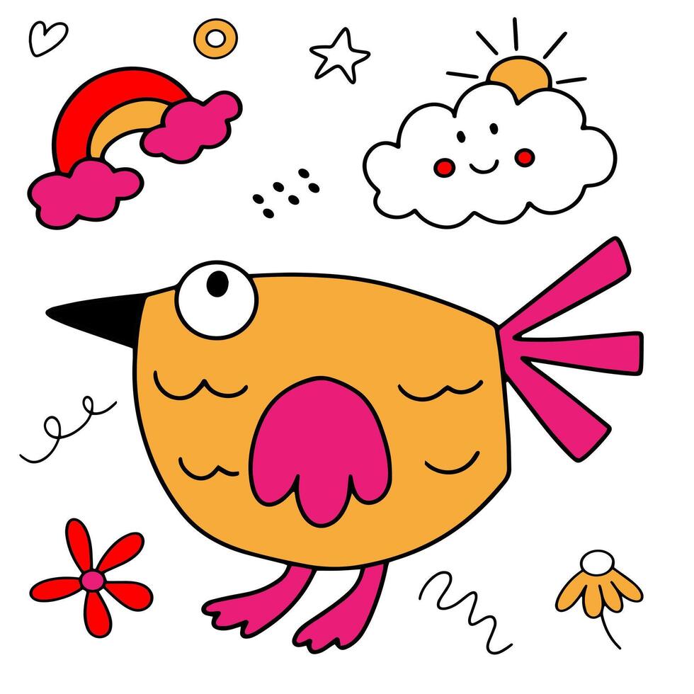 Cute children's pattern featuring a yellow bird with a pink tail, rainbow, flowers, stars, and heart in a whimsical doodle style vector