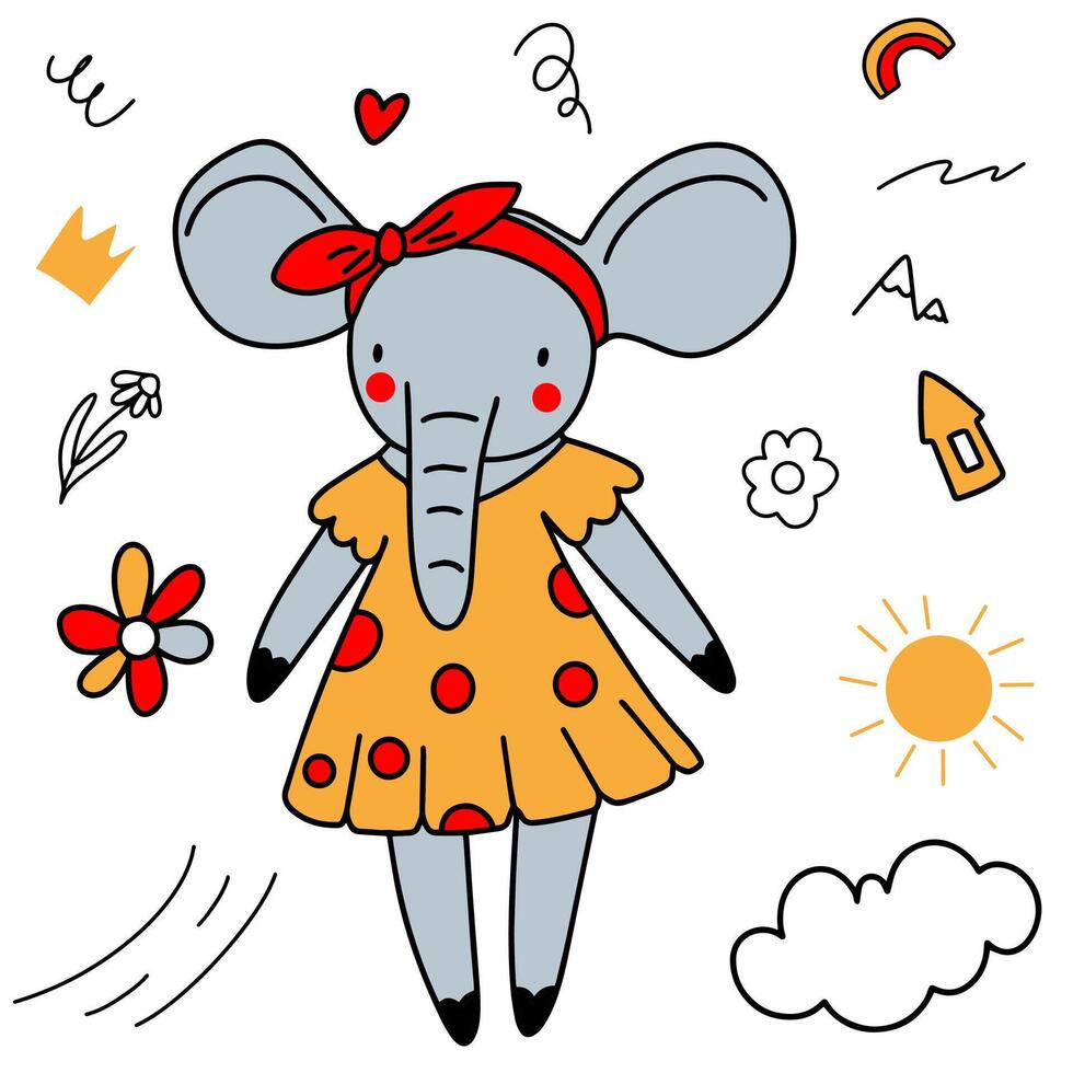 Cartoon gray elephant in a yellow dress and with a red bow, elephant in doodle style for children's print vector