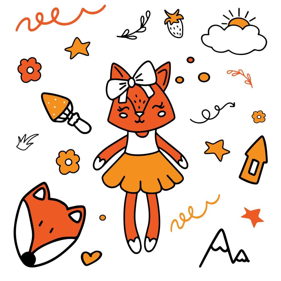 Seamless doodle-style pattern featuring playful orange foxes, cute mushrooms, and whimsical houses vector