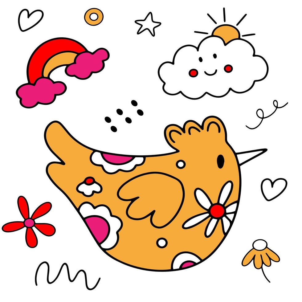 Cute chicken doodle pattern with rainbow, flowers, stars, and hearts in yellow color, fun children's design vector