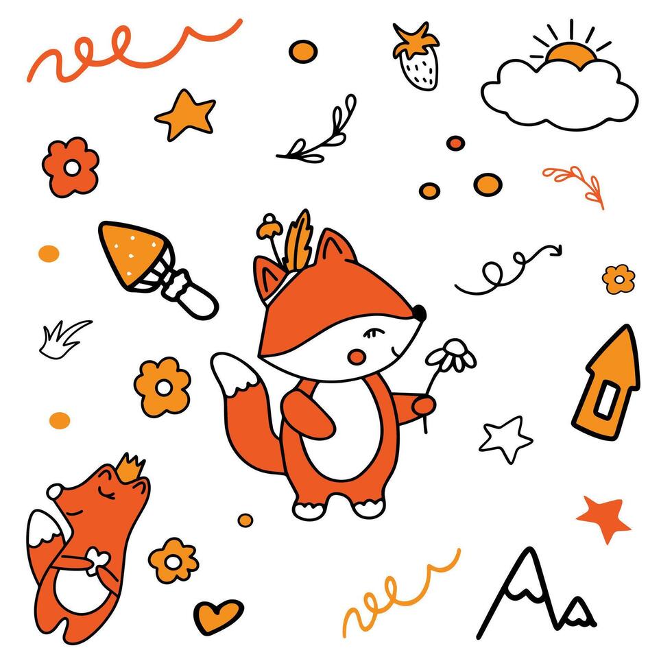 A seamless pattern featuring two adorable orange foxes, whimsical mushrooms, and fairy tale houses, all drawn in a playful doodle style. vector