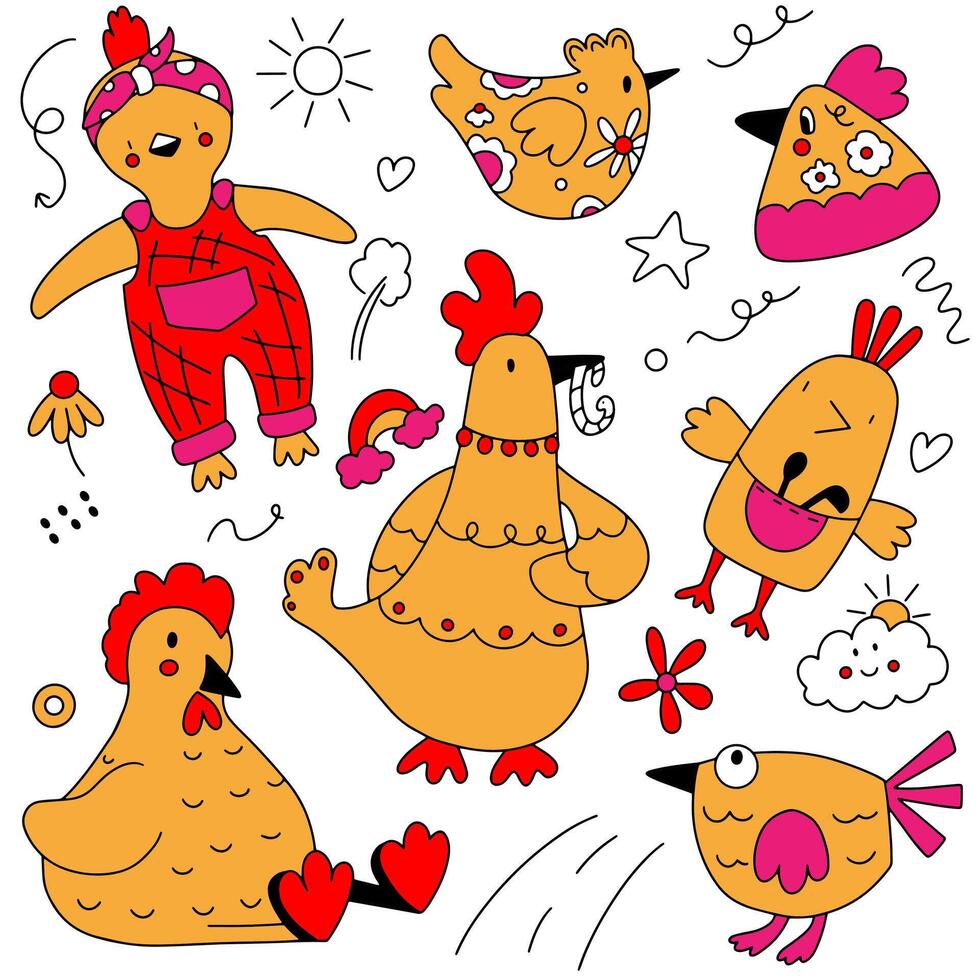 Cartoon yellow cute chickens on white background, children's pattern with animals vector