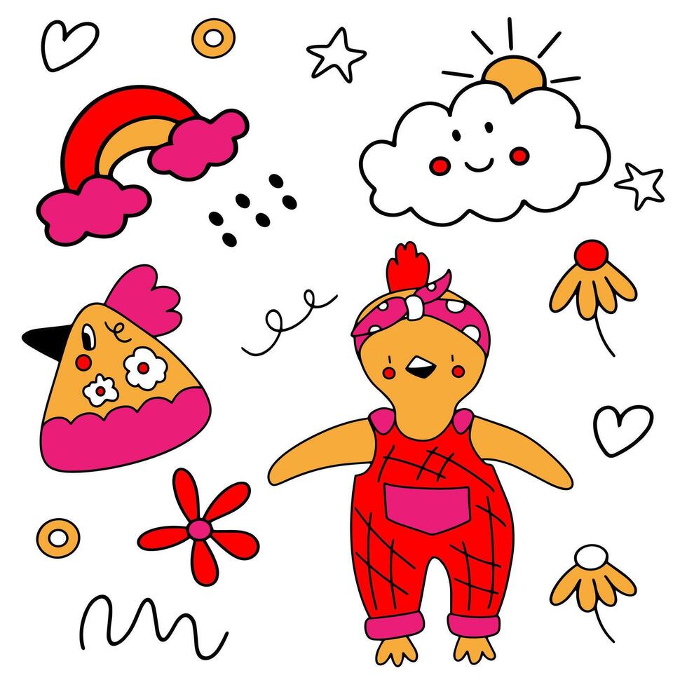 A charming seamless pattern featuring yellow chickens, rainbows, flowers vector