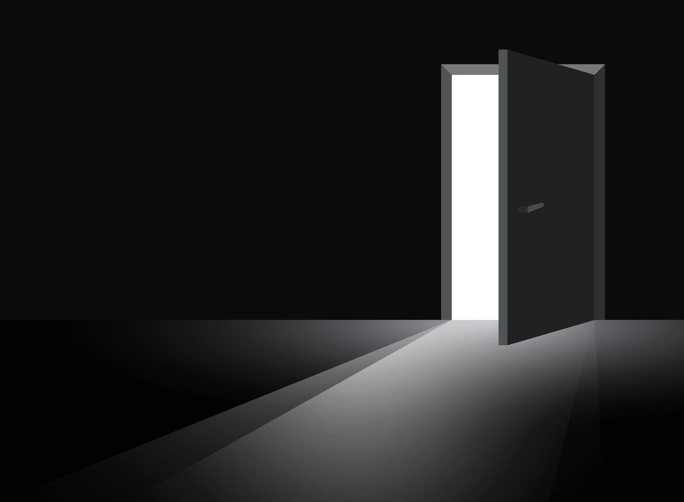 An open door in a dark room with light coming from it vector