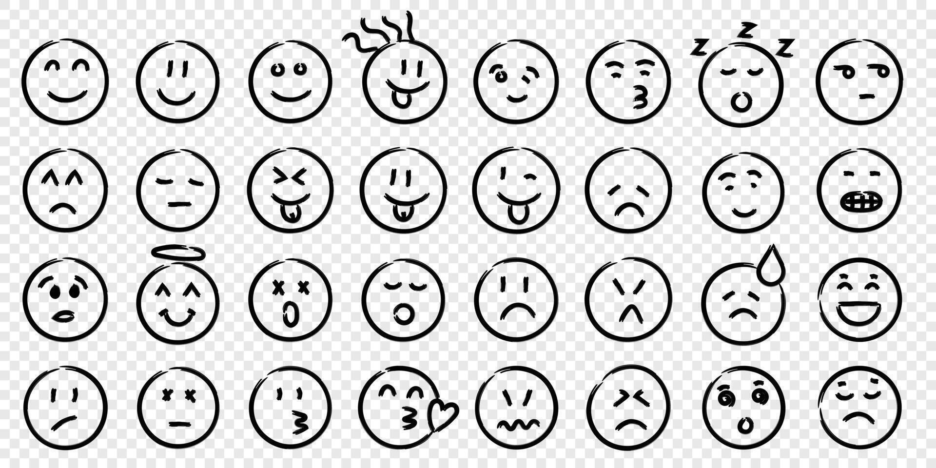 A set of emoticons drawn in black and white vector