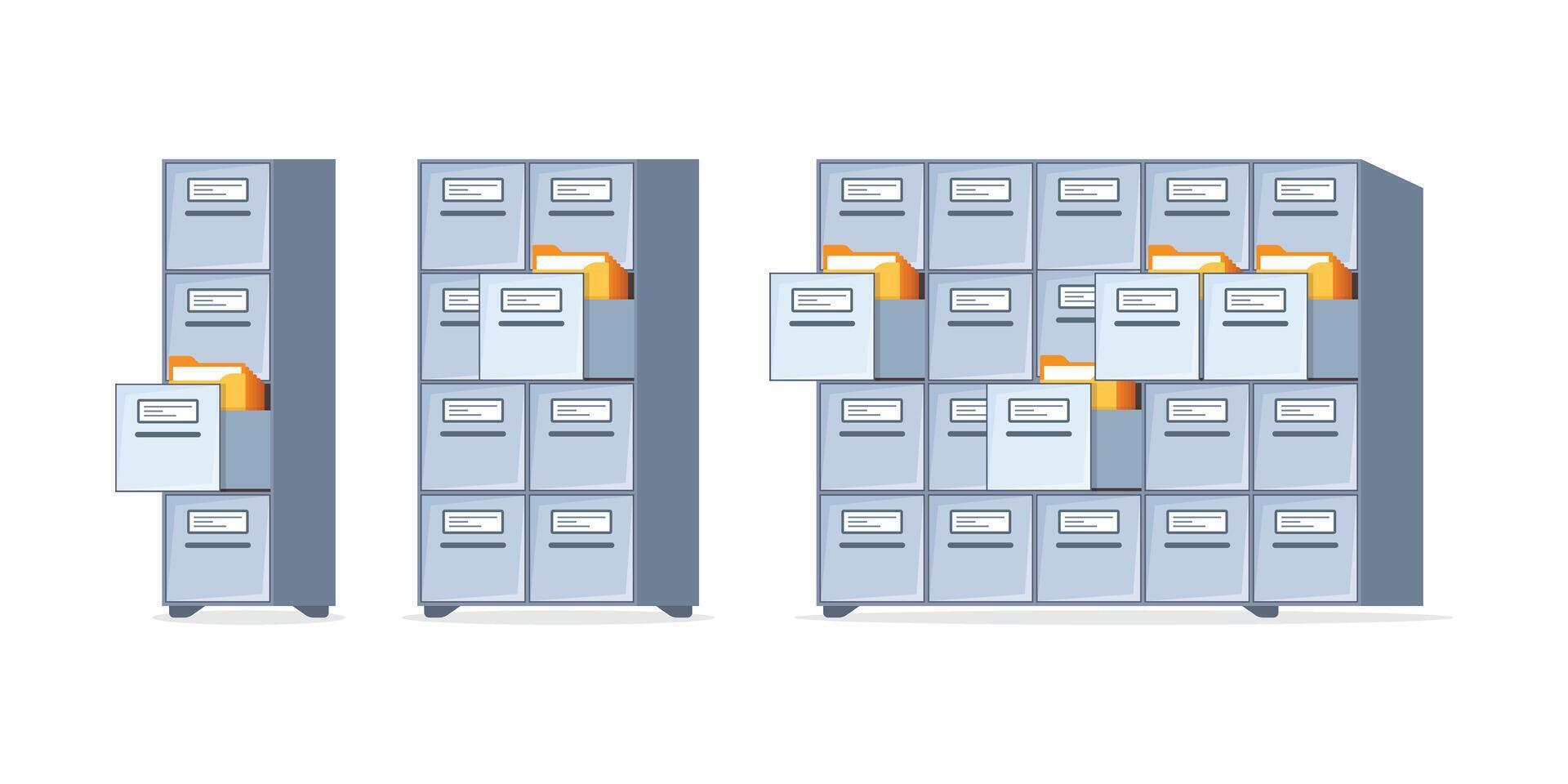 A set of file cabinets with files on top vector