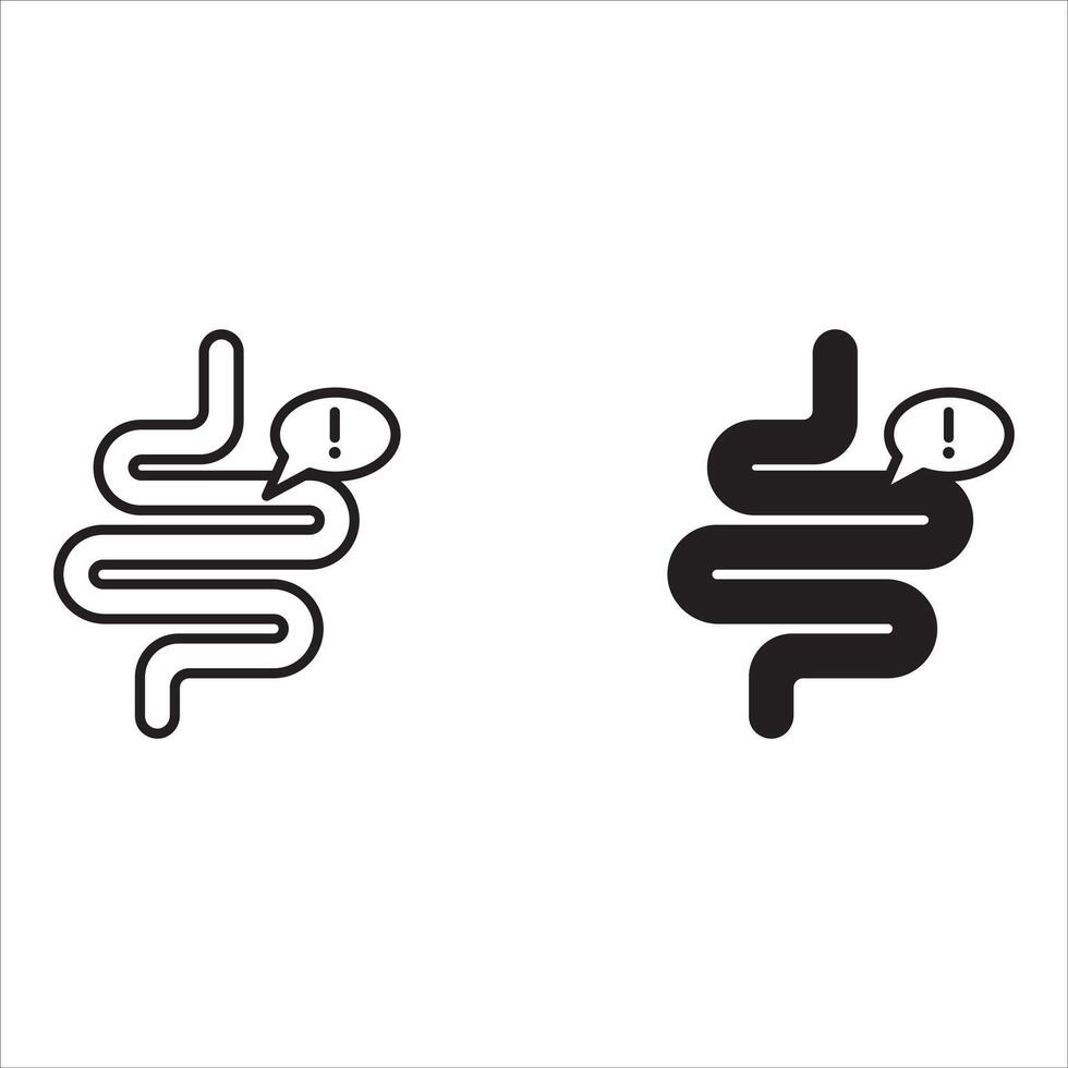 Intestine with exclamation mark icon set. Irritable bowel syndrome, constipation, intestinal obstruction symbol vector