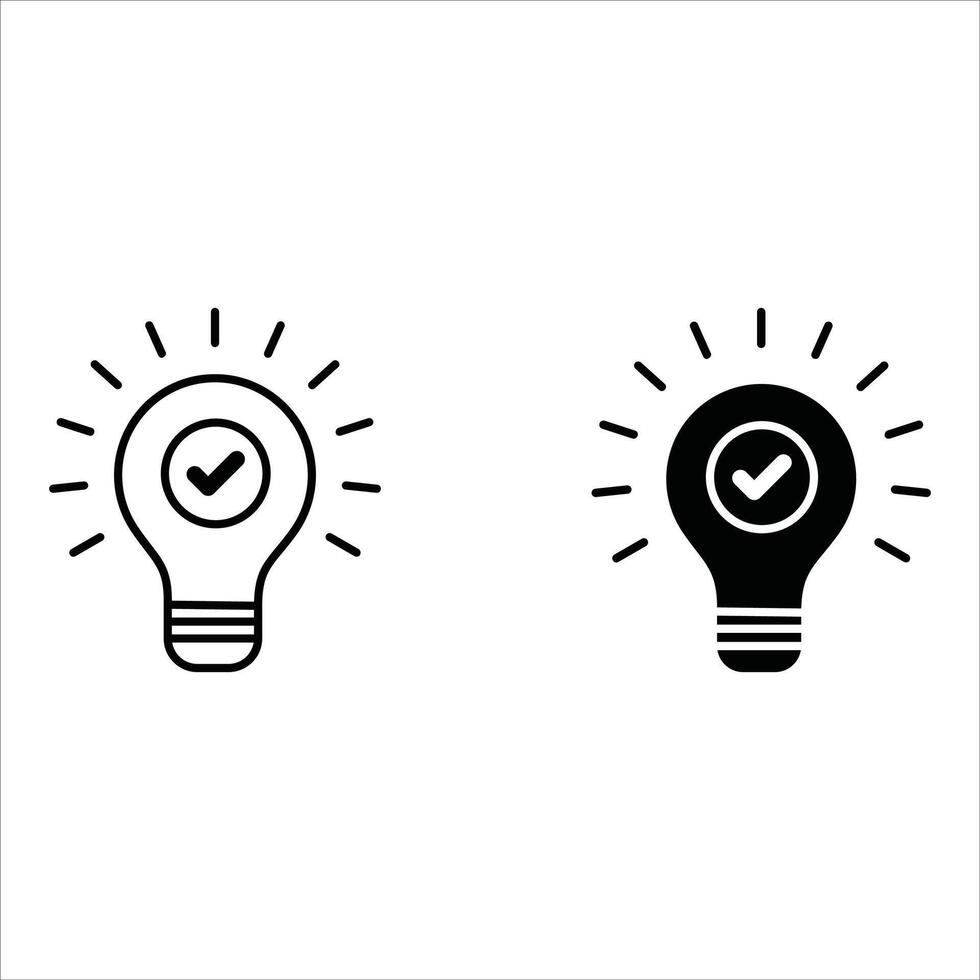 Black bulb checkmark icon. Like quick tip line icon. Bulb icon for expert, genius, idea, innovation, light bulb, mark, creative, positive, simplicity, smart, solution. vector