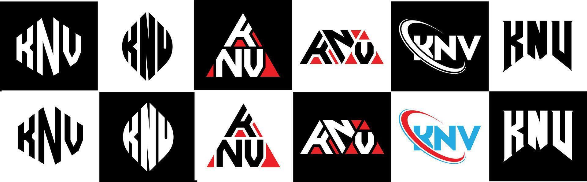 KNV letter logo design in six style. KNV polygon, circle, triangle, hexagon, flat and simple style with black and white color variation letter logo set in one artboard. KNV minimalist and classic logo vector