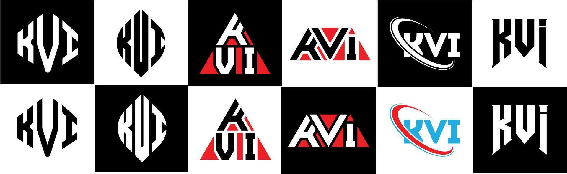 KVI letter logo design in six style. KVI polygon, circle, triangle, hexagon, flat and simple style with black and white color variation letter logo set in one artboard. KVI minimalist and classic logoKVI letter logo design in six style. KVI polygon, circl vector